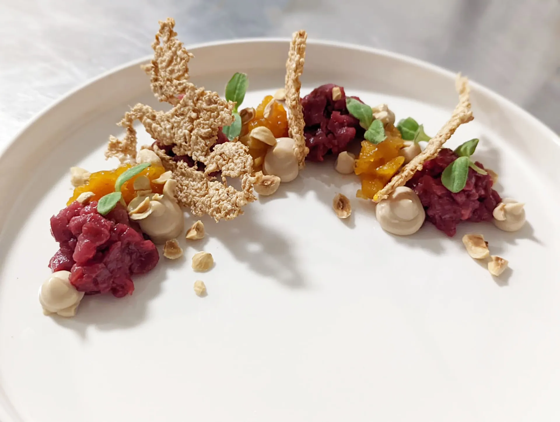 Nell'immagine, un piatto di battuta di carpaccio di magatello servito presso il ristorante del Grand Hotel della Posta.